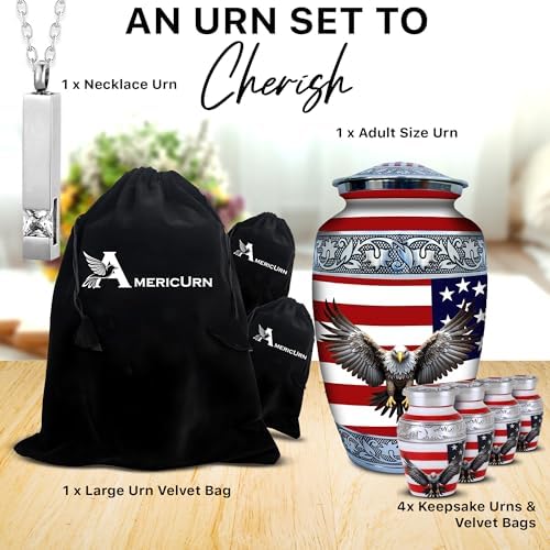 Set of 6 Decorative Urns for Ashes with American Flag and Eagle Decor