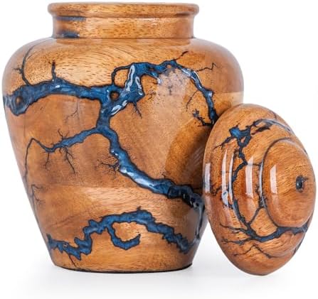 Wooden Cremation Urn with Blue Inlays - 20 Cubic Inches