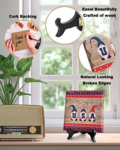 Independence Day USA Gnome Ceramic Desk Plaque with Wooden Stand