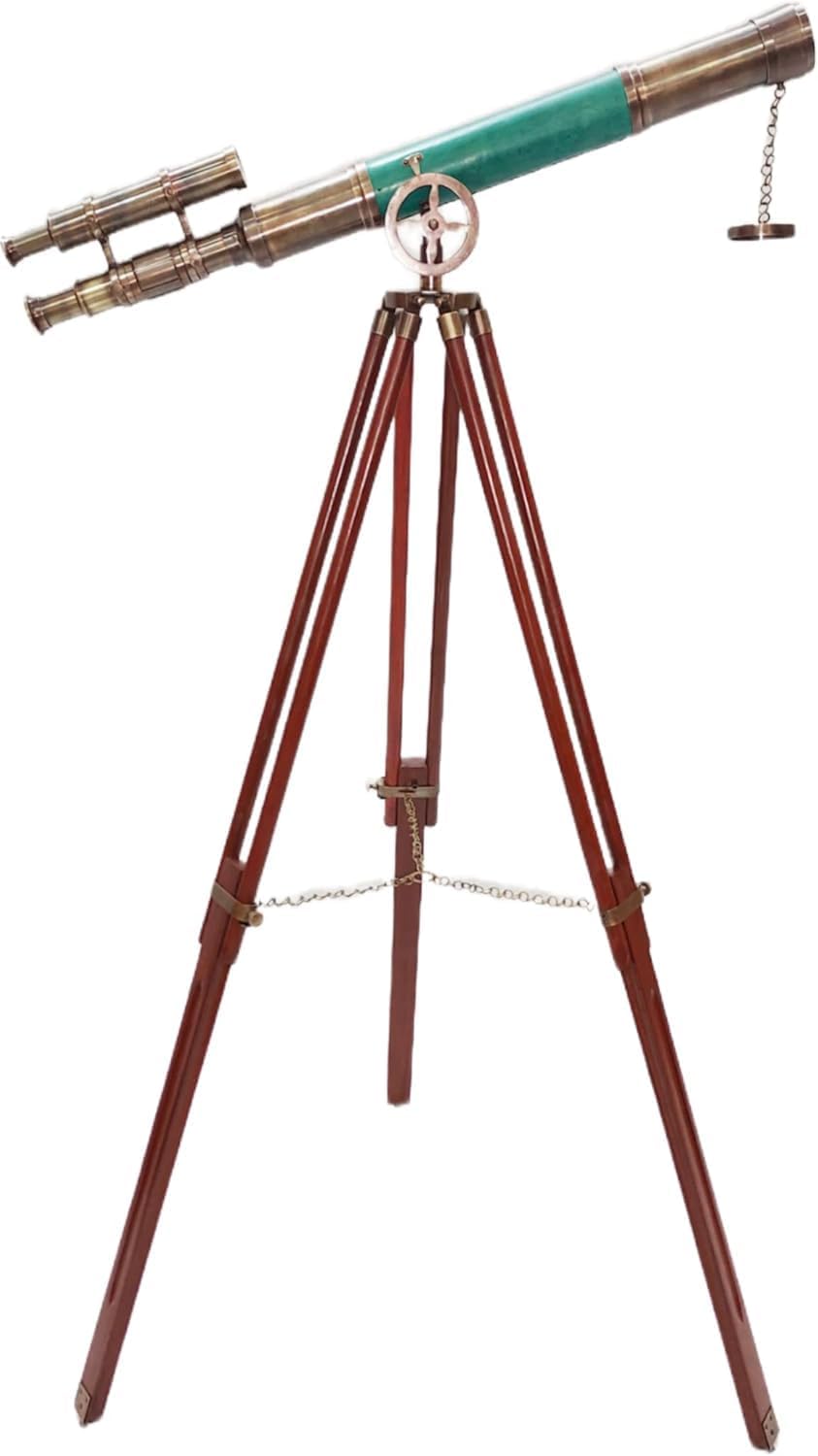 Vintage Brass Telescope with Wooden Base and Green Leather