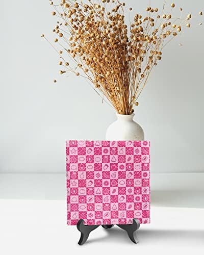 Pink Buffalo Plaid Desk Decor with Wooden Stand