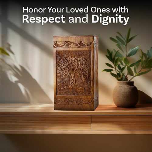 INTAJ Handcarved Wooden Cremation Urn - Tree of Life Design 250 lbs Capacity