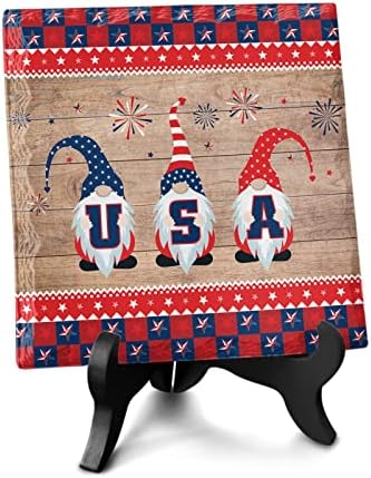 Independence Day USA Gnome Ceramic Desk Plaque with Wooden Stand
