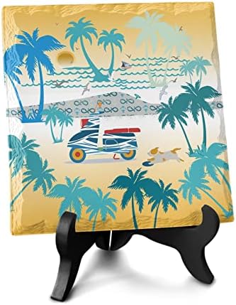 Wooden Stand Desk Decor with Beach Scene Ceramic Plaque