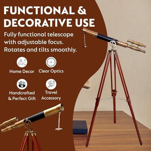 Antique Brass Double Barrel Telescope with Black Leather Tube and Wooden Tripod