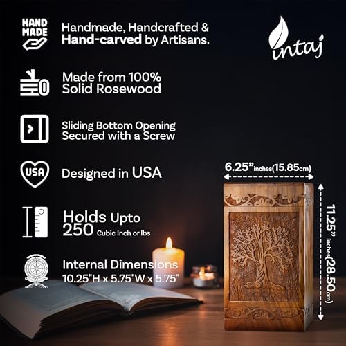 INTAJ Handcarved Wooden Cremation Urn - Tree of Life Design 250 lbs Capacity