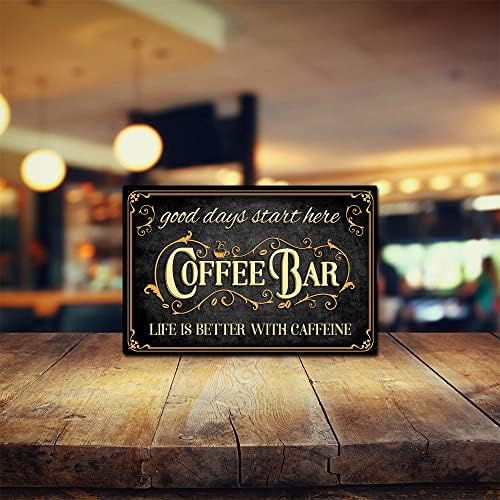 AUCIO Coffee Bar Sign Life is Better with Caffeine Vintage Metal Decor 8 x 12 Inch