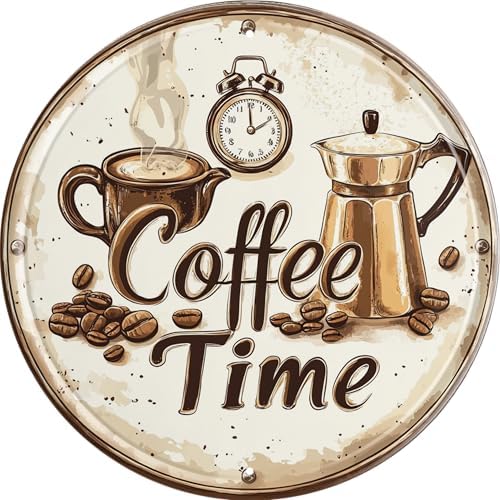 Vintage Round Tin Coffee Time Sign Retro Metal Wall Decor 8x8 Inch