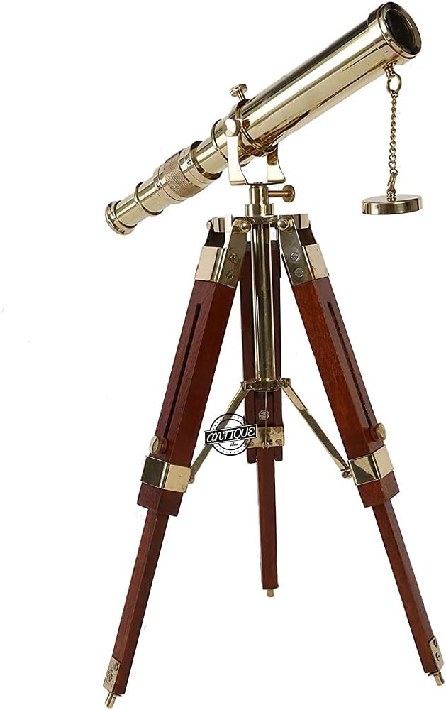 Vintage Marine Shiny Brass Telescope with Brown Wooden Tripod Stand