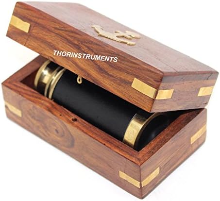 Captains 6 Inch Brass Handheld Mini Telescope with Black Leather and Wooden Box