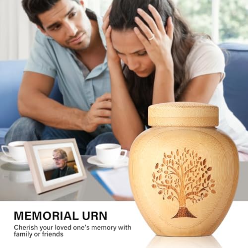 Small Bamboo Urn with Tree of Life Pattern for Human Ashes