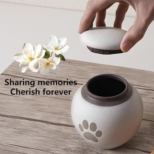 Small Pet Urn for Ashes - Gray White Ceramic Paw Design Keepsake