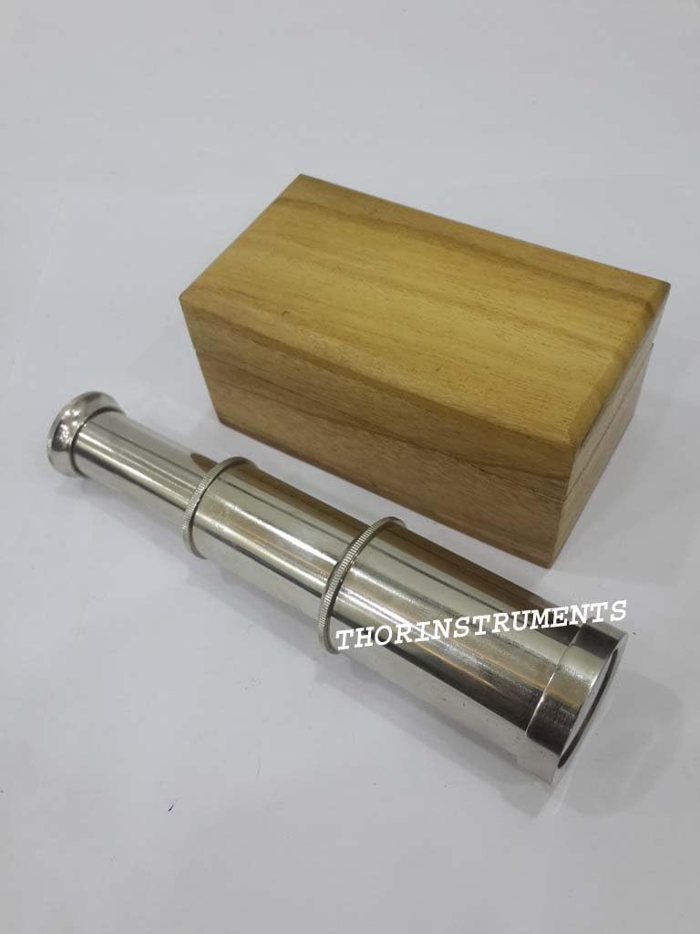 Nautical Handcrafted Chrome Spyglass Telescope Wood Box Vintage Decor