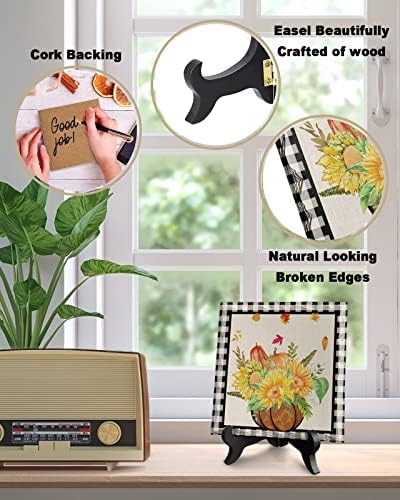 Wooden Stand Desk Decor with Ceramic Plaque Fall Design