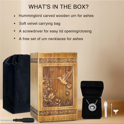 Handcrafted Wooden Urn with Hummingbird Carvings Velvet Bag and Necklace