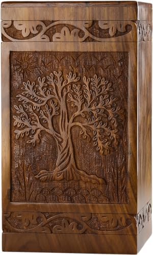 INTAJ Handcarved Wooden Cremation Urn - Tree of Life Design 250 lbs Capacity