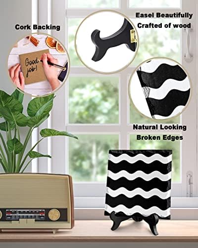 Minimalist Striped Desk Decor with Ceramic Plaque and Wooden Stand