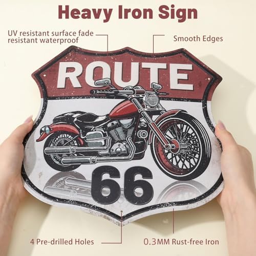 GLOBLELAND Vintage Motorcycle Tin Sign Route 66 Shield Wall Decor