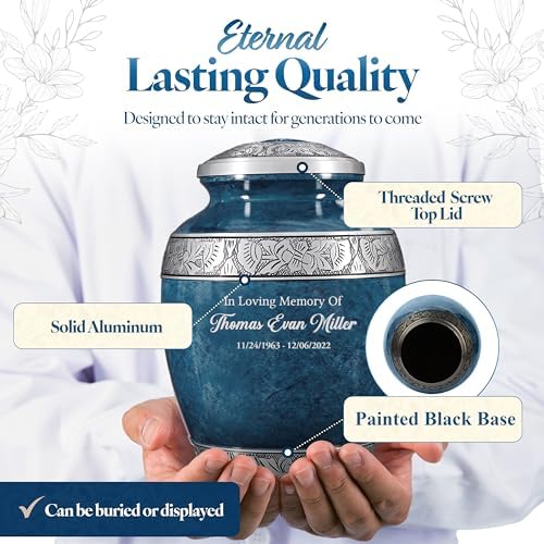 Personalized Cremation Urn - Custom Engraved Name with Blue Design
