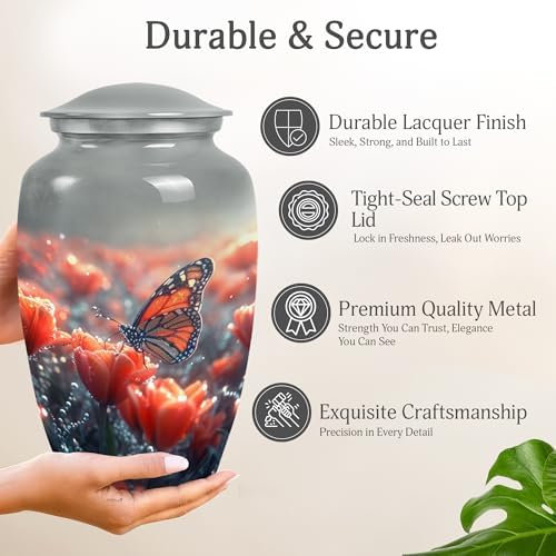 Monarch Butterfly on Tulips Large Metal Urn