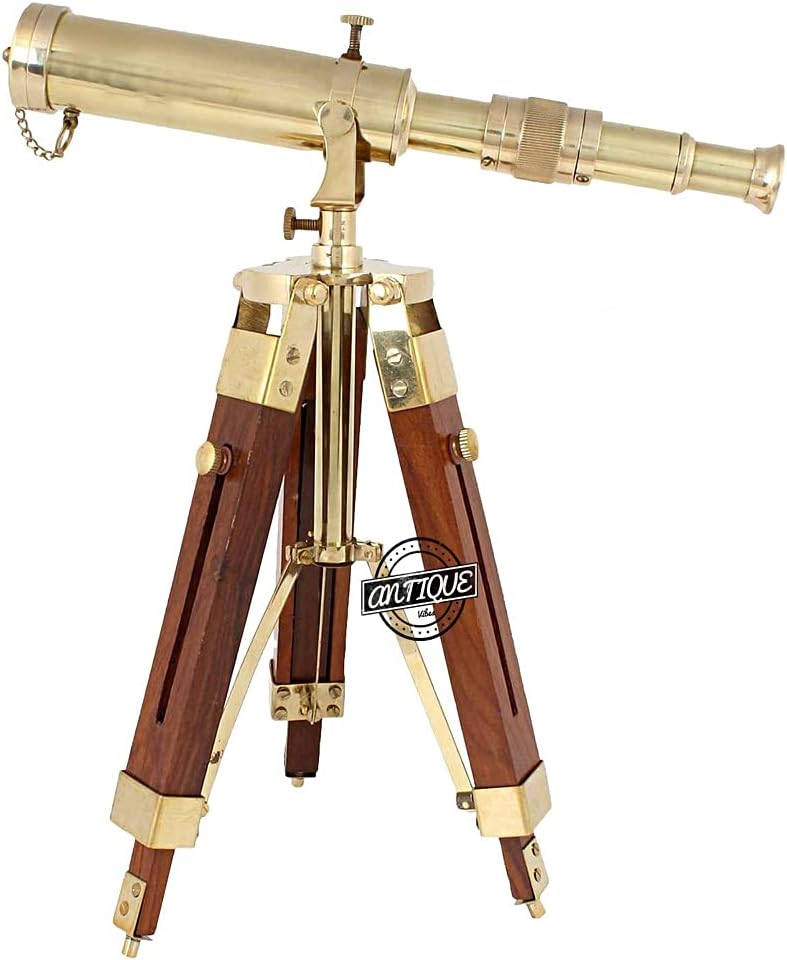 Vintage Marine Shiny Brass Telescope with Brown Wooden Tripod Stand