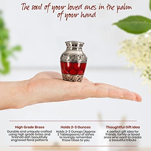 Small Keepsake Cremation Urn with Velvet Heart Case and Funnel - Deep Red Brass Hand Engraved Mini Memorial Urn