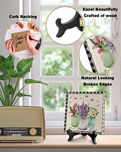 Decorative Table Plaque with Wooden Stand Floral Design Ceramics Desk Sign for Home Office