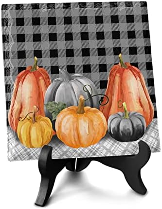 Wooden Stand Desk Decor with Ceramic Plaque Farmhouse Style Autumn Pumpkin Sign