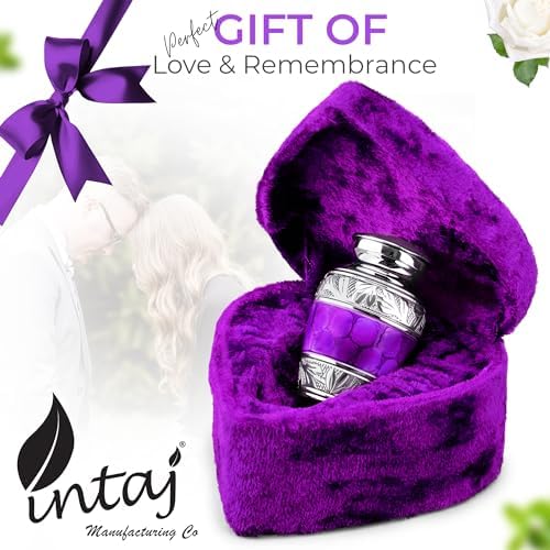 INTAJ Small Urns for Human Ashes - Brass Engraved Mini Urn with Velvet Heart Case