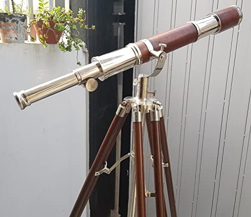 Nautical Antique Brass Telescope with 42X Zoom and Brown Wood Tripod