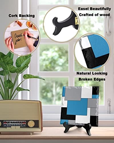 Geometric Blue Gray White Desk Decor Plaque with Stand