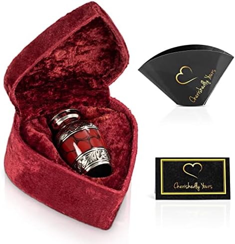 Small Keepsake Cremation Urn with Velvet Heart Case and Funnel - Deep Red Brass Hand Engraved Mini Memorial Urn