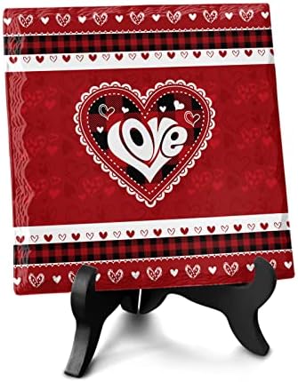Red Valentine Plaid Desk Decor with Wooden Stand