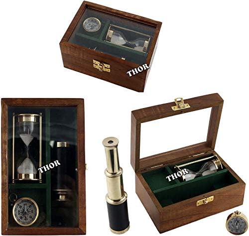 Handmade Nautical Gift Box Set with Telescope Sand Timer and Compass