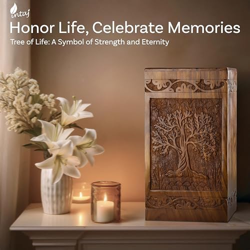INTAJ Handcarved Wooden Cremation Urn - Tree of Life Design 250 lbs Capacity