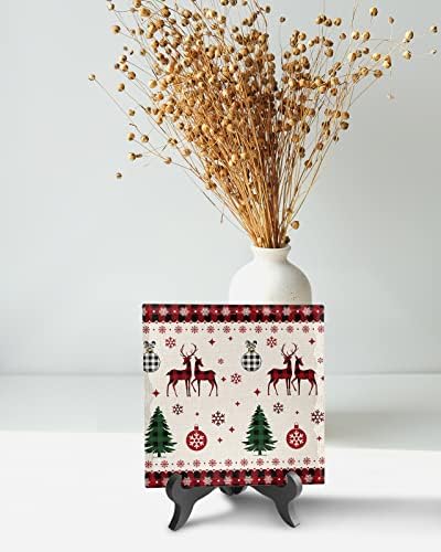 Wooden Stand Christmas Desk Plaque with Ceramic Sign Decor
