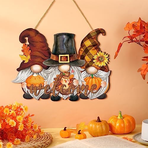 Huwena Fall Welcome Door Sign with Pumpkin Gnome