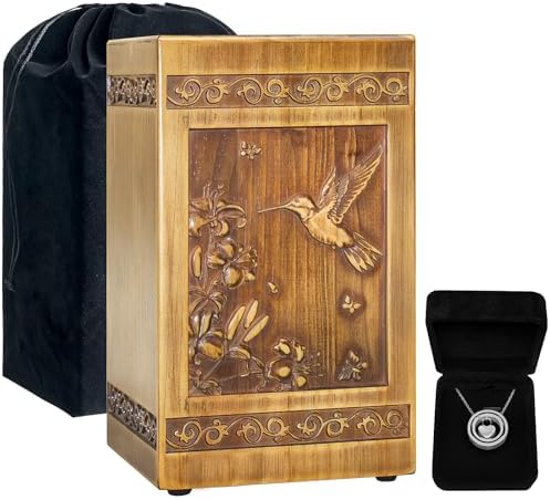 Handcrafted Wooden Urn with Hummingbird Carvings Velvet Bag and Necklace