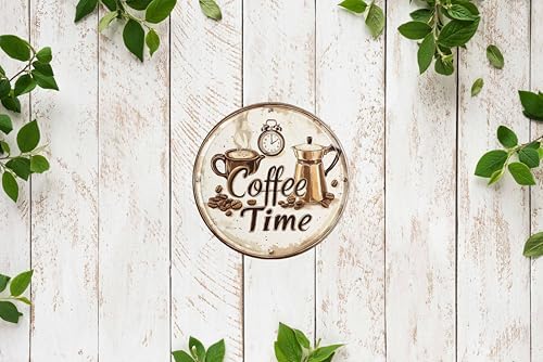 Vintage Round Tin Coffee Time Sign Retro Metal Wall Decor 8x8 Inch