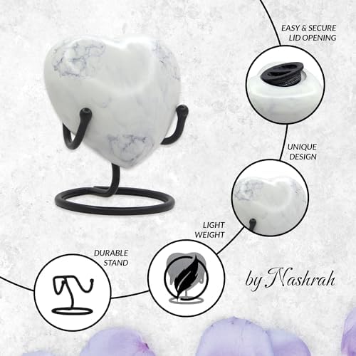 Heart Urn for Human Ashes Small White Marble Keepsake with Stand
