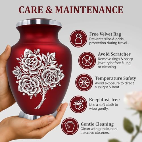 Red Rose Cremation Urn - Handcrafted for Adult Human Ashes