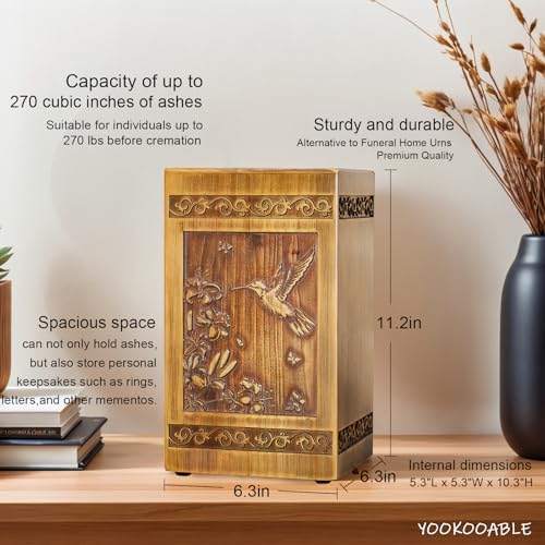 Handcrafted Wooden Urn with Hummingbird Carvings Velvet Bag and Necklace