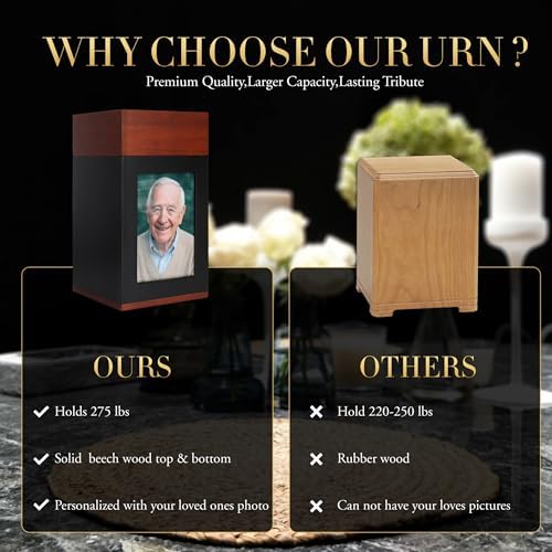 EKING ELITE Wooden Urn for Human Ashes - Handcrafted Memorial Box with Photo Frame - Large Capacity 270 lbs Urn