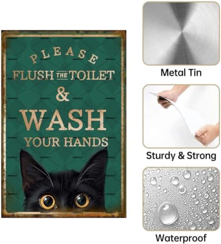 EMOHAT Funny Black Cat Flush Toilet Wall Sign Metal Decor
