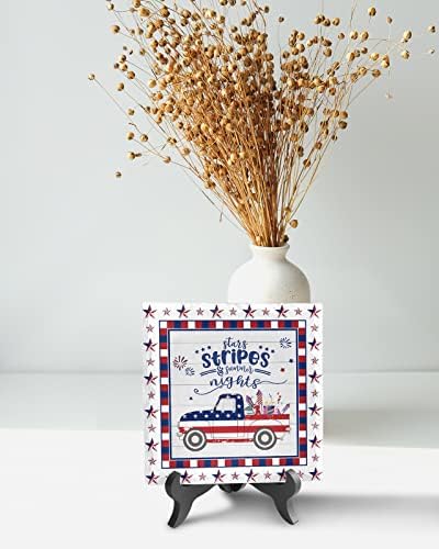 USA Flag Desk Decorative Ceramic Plaque with Wooden Stand