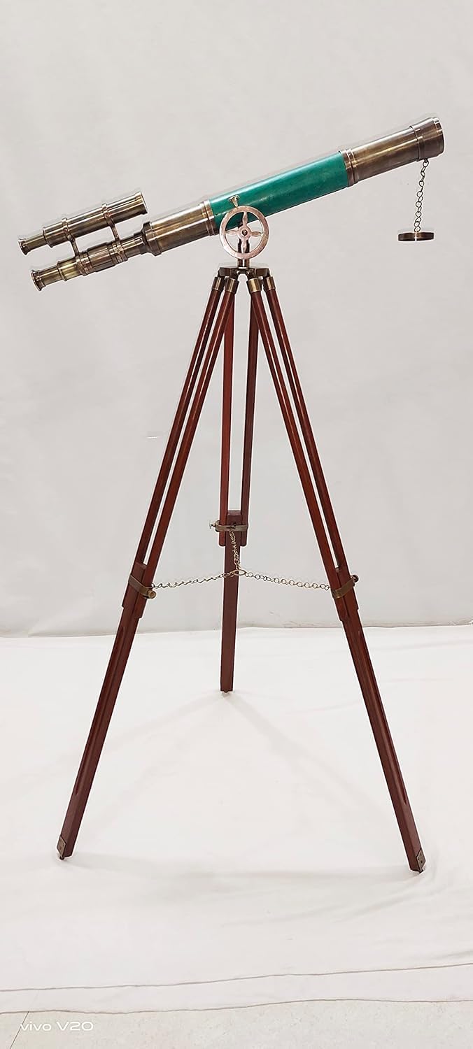 Vintage Brass Telescope with Wooden Base and Green Leather
