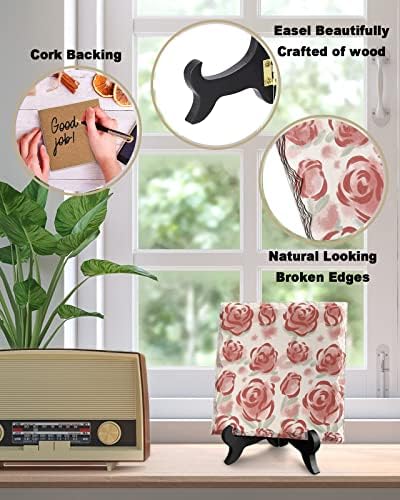Ceramic Desk Plaque with Wooden Stand Red Rose Design