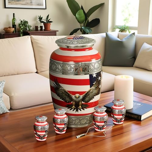 Set of 6 Decorative Urns for Ashes with American Flag and Eagle Decor