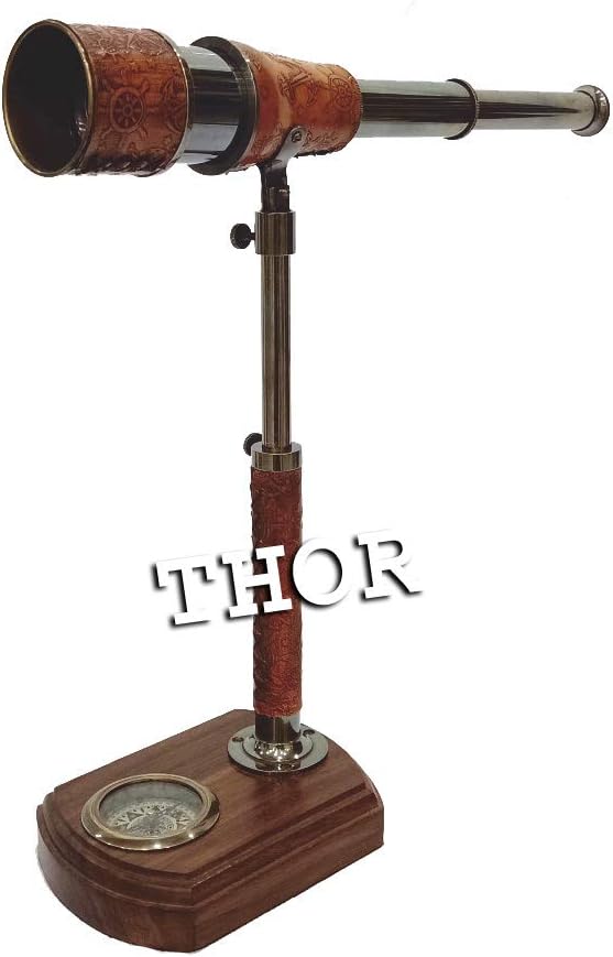 Antique Handmade Telescope with Compass Wooden Base Decorative Home Decor Gift