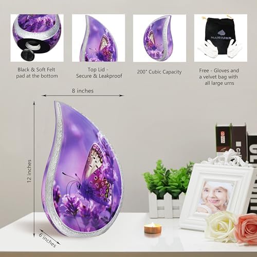 Purple Butterfly Cremation Urn for Human Ashes Teardrop Design Large